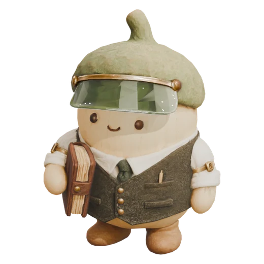 An acorn-shaped worker in a green eyeshade and waistcoat holding a ledger