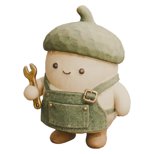 An acorn-shaped worker in a green apron holding a brass wrench