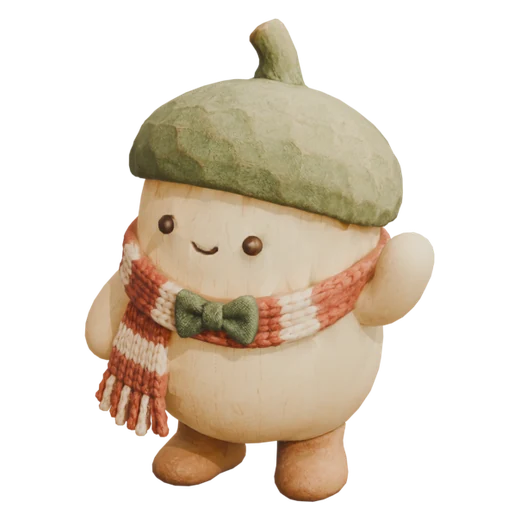 An acorn-shaped worker in a striped scarf and bow tie, waving