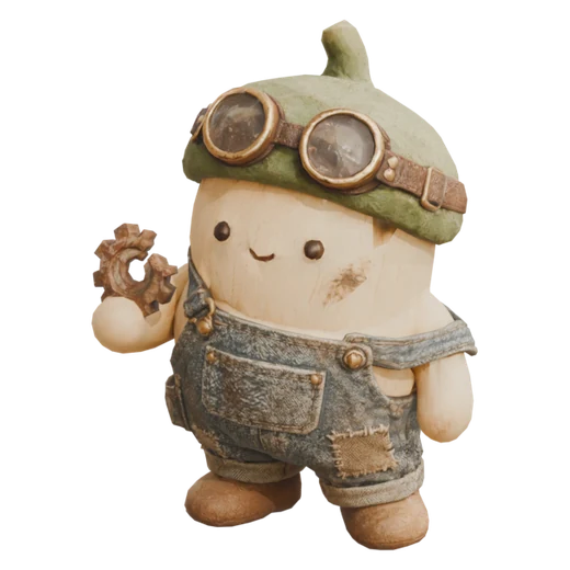 An acorn-shaped worker in patched denim coveralls and brass goggles holding a rusty gear