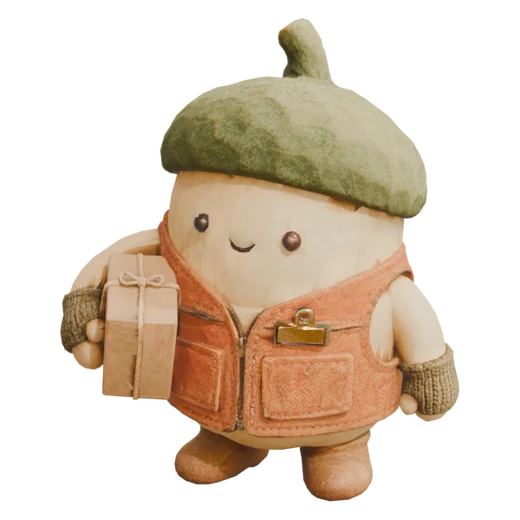 An acorn-shaped worker in an orange work vest carrying a parcel