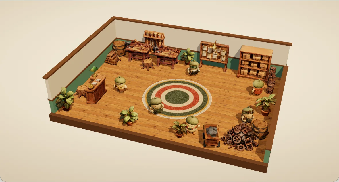 A small wooden workshop seen from above: acorn-shaped workers in aprons, visors and goggles stand at workbenches, a board of pinned receipts, a shelf of parcels and a heap of rusty gears.